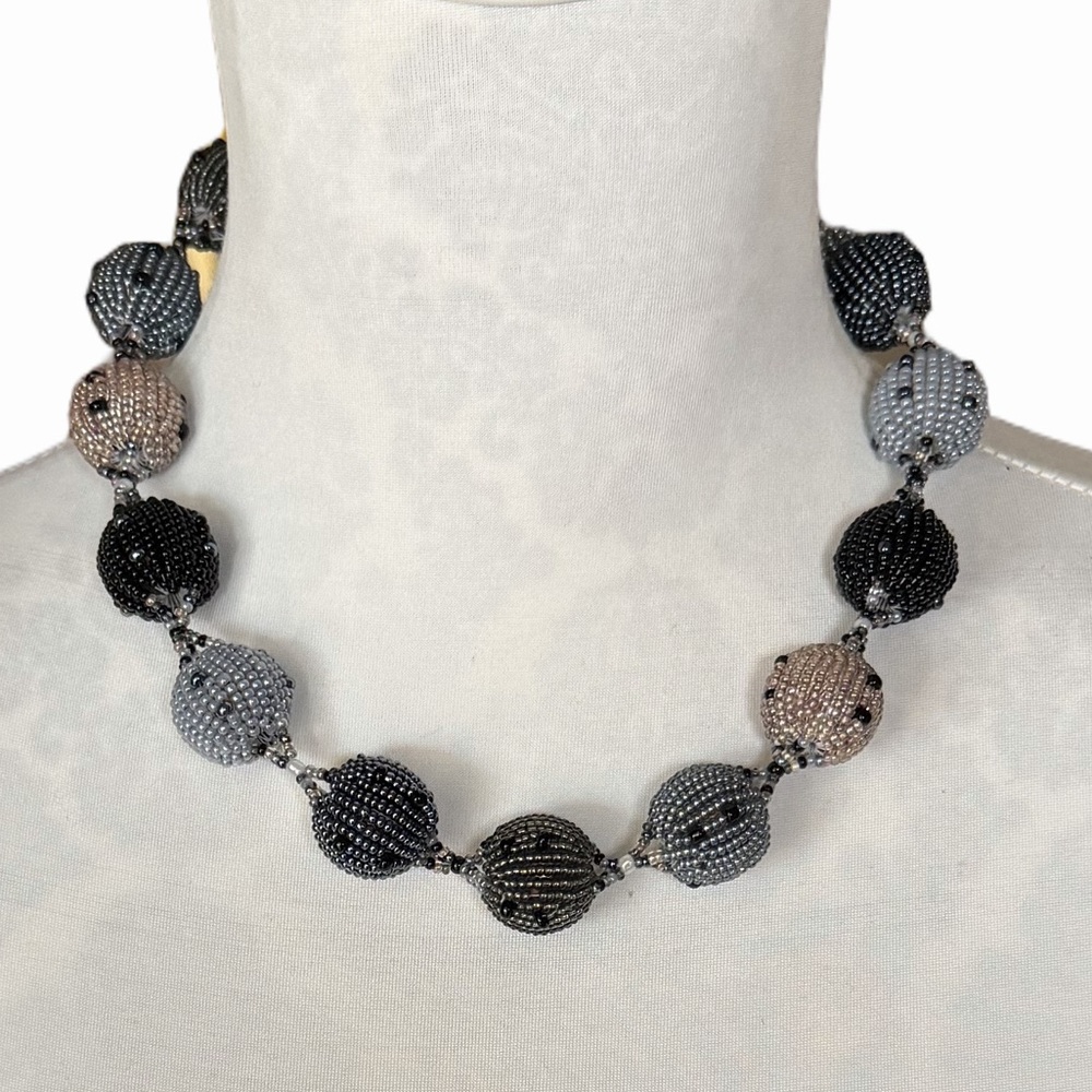 Beaded Gray & Black Statement Necklace | Adjustable | Artisan Style